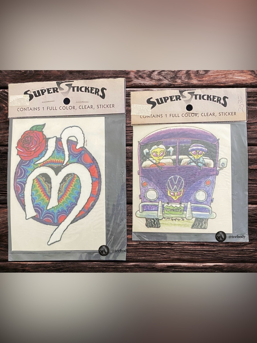Vintage 90s Super Stickers Clear Decal Lot Om Ohm Heart VW Bus Hippie NOS NWT